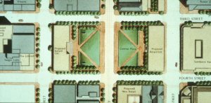 Downtown Fort Worth Master Plan (1988) showing the central plaza straddling Main Street.