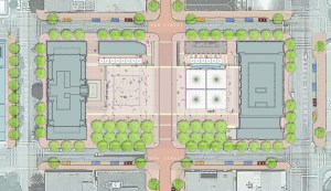 Site Plan showing the proposed plaza with the Westbrook and Commerce Buildings (drawing courtesy of Michael Vergason Landscape).