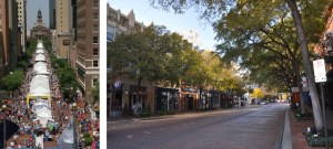 Main Street during the Main Street Arts Festival (left) and during a normal day (right).