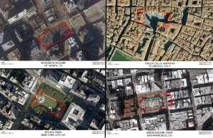 Space comparison studies showing the plan of Sundance Square superimposed on aerial views of various notable public spaces. 