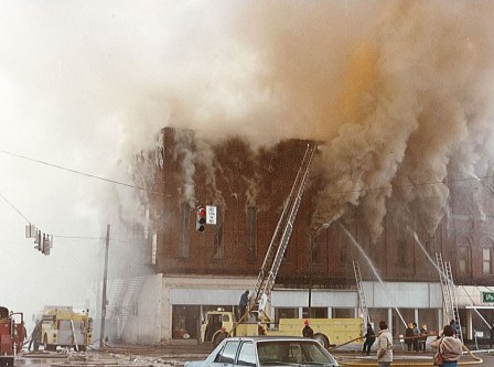 Stuart Opera House when it caught fire in 1980
