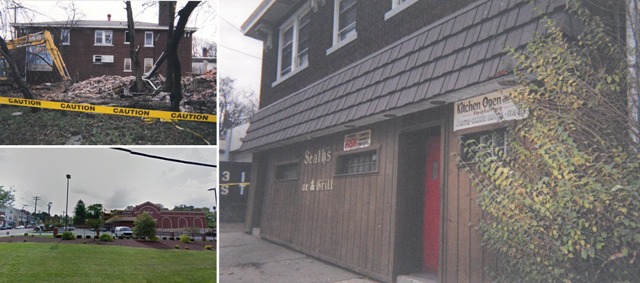 Left: Site of Seath's Bar & Grill just prior to demolition and the view from the same vantage today. Right: The facade of Seath's Bar & Grill