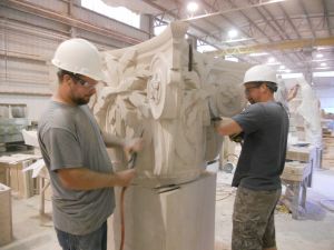 The limestone capitals of the Gailliard Center being carved by hand. 