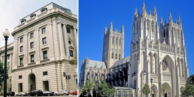 Federal Triangle (left) and the western façade of the National Cathedral