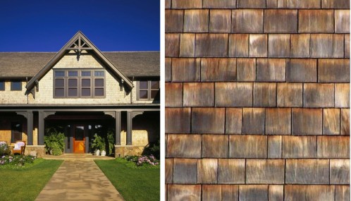 Left: Cedar siding shingles on a residential home. Right: A close up of durable cedar roofing shingles. 