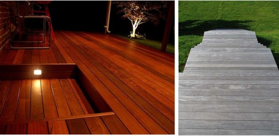 Ipe wood is both visually appealing and durable. Both photos show the wood used for outdoor decking in different finishes. 