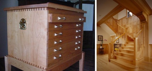 Left: A dresser crafted from cherry wood. Right: a beautiful staircase made from maple. 