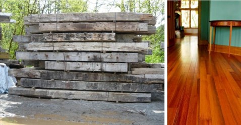 Left: Recycled structural timbers. Right: Heart pine flooring made from previously sunken logs. 