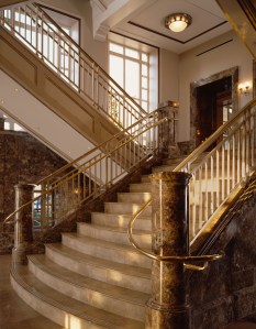 The grand staircase at The Schermerhorn features imperador light and XXX stones.