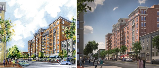 Left: A multimedia (marker and felt tip pen) sketch is created during the conceptual design phase. Right: A more detailed digital rendering is commissioned once the design complete